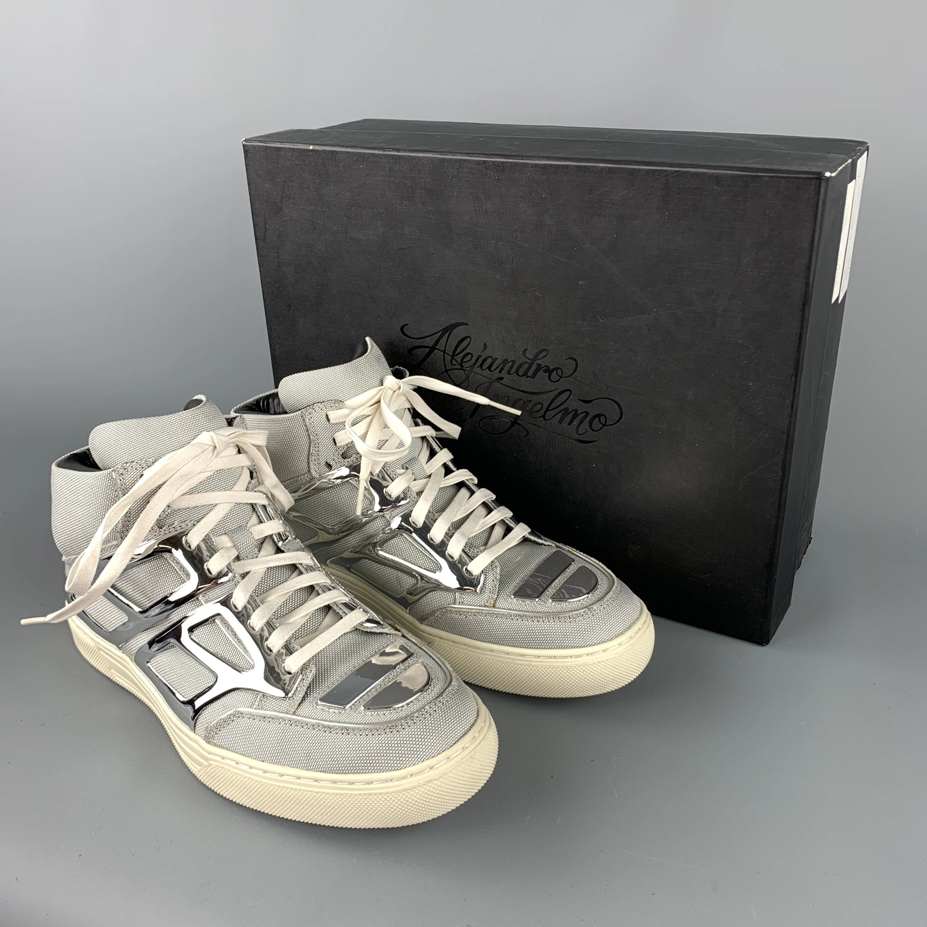 ALEJANDRO INGELMO TRON Size 8 Silver Metallic Canvas High Top Sneakers