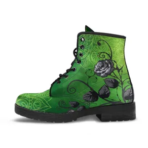Combat Boots - Gray Roses Green Mandala, Green Boots | Wedding Shoes Women's Boots, Handmade Lace Up Boots, Aesthetic Cute Kawaii 90s Boots