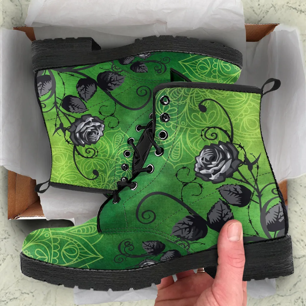 Combat Boots - Gray Roses Green Mandala, Green Boots | Wedding Shoes Women's Boots, Handmade Lace Up Boots, Aesthetic Cute Kawaii 90s Boots