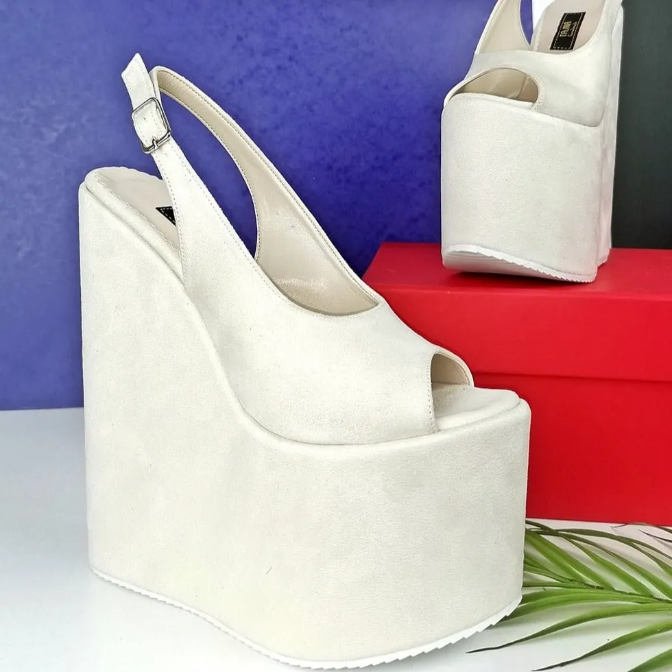 Cream Suede Sling Back Platform Wedges