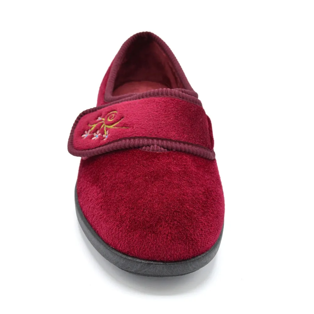 DB Caroline - Ladies Extra Wide Fit Velcro Slipper - Burgundy 6E Fitting