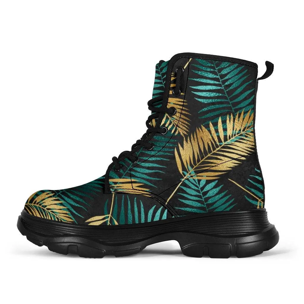 Gold & Teal Leaves Chunky Boots