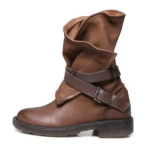 Leather Chunky Low Heel Suede Buckle Calf Boots