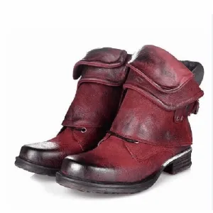 Leather Low Chunky Heel Round Toe Ankle Boots