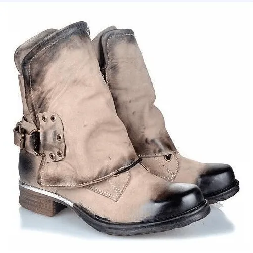 Leather Low Chunky Heel Round Toe Ankle Boots
