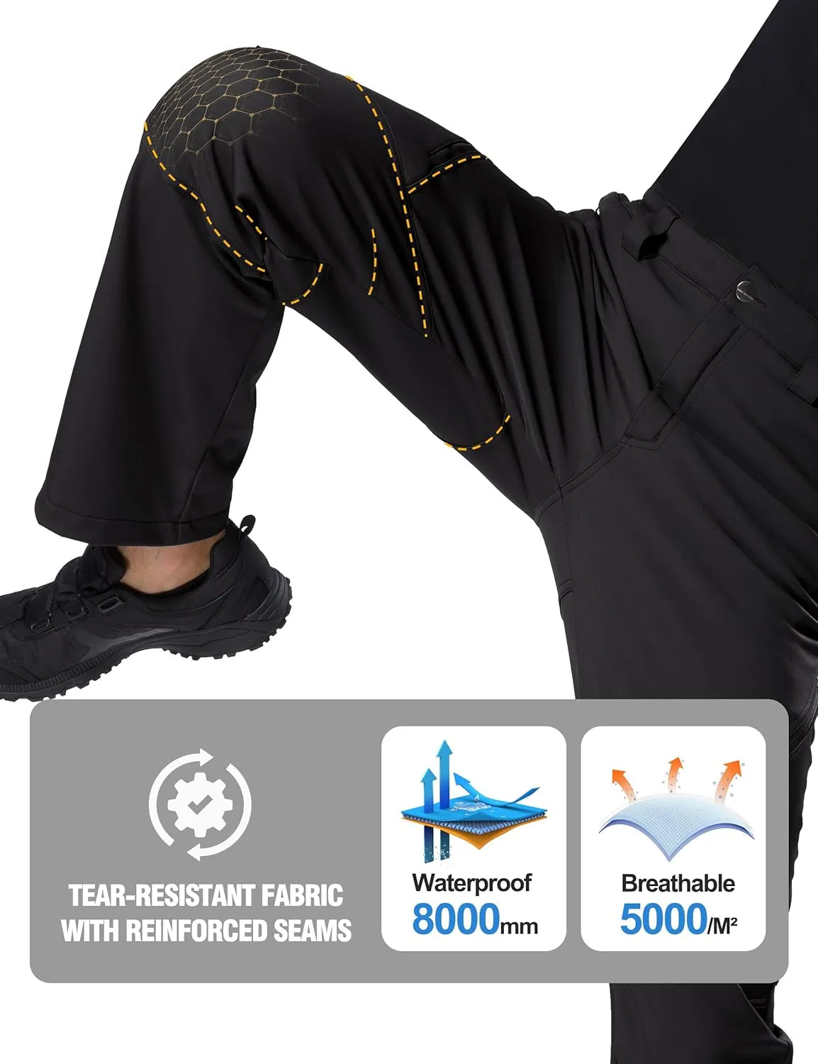 Men'S Fleece Lined Outdoor Cargo Hiking Pants Water Repellent Softshell Snow Ski Pants with Zipper Pockets