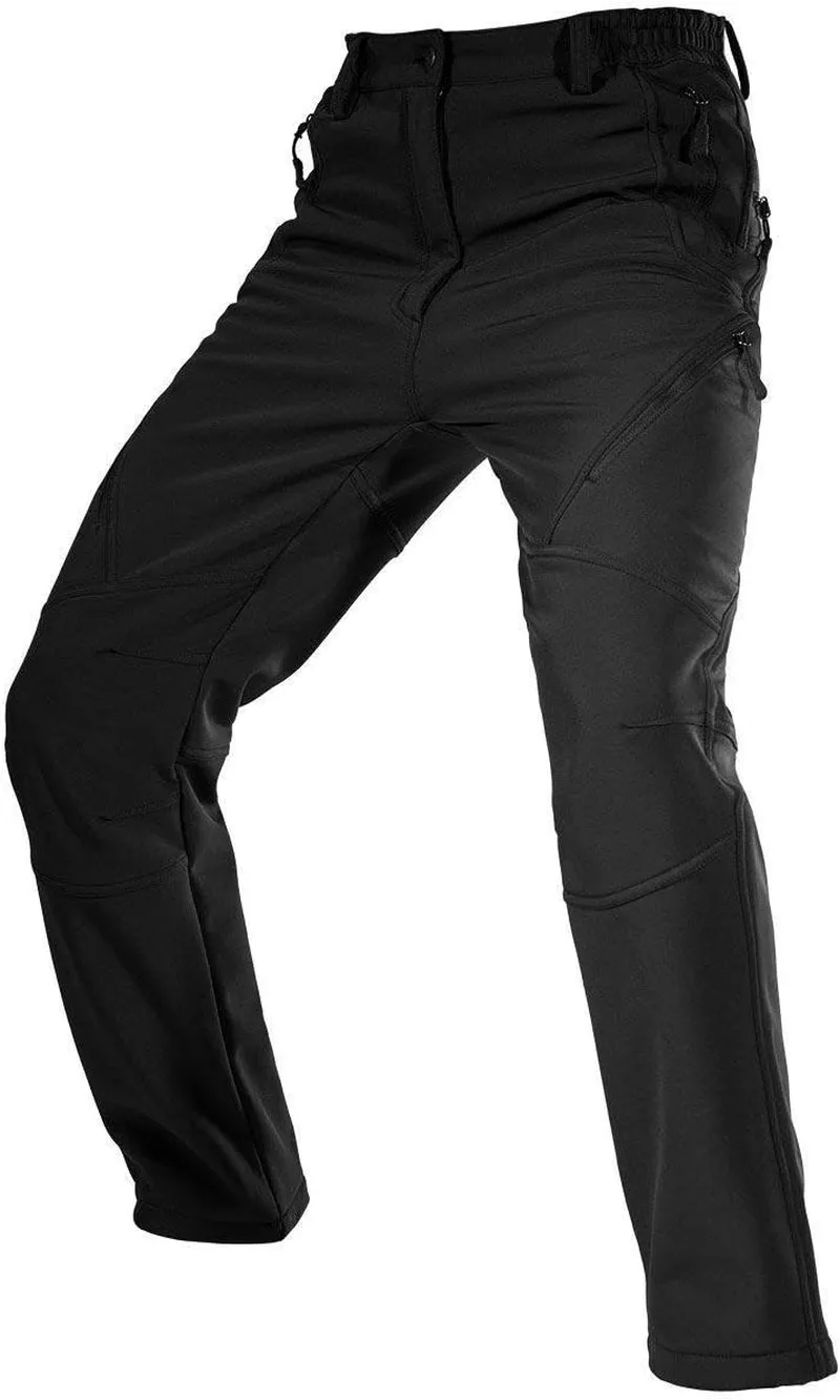 Men'S Fleece Lined Outdoor Cargo Hiking Pants Water Repellent Softshell Snow Ski Pants with Zipper Pockets
