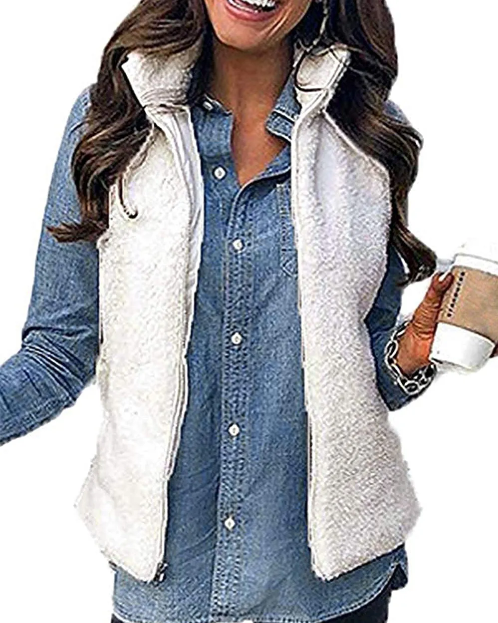 MEROKEETY Sherpa Fleece Lightweight Zipper Vest