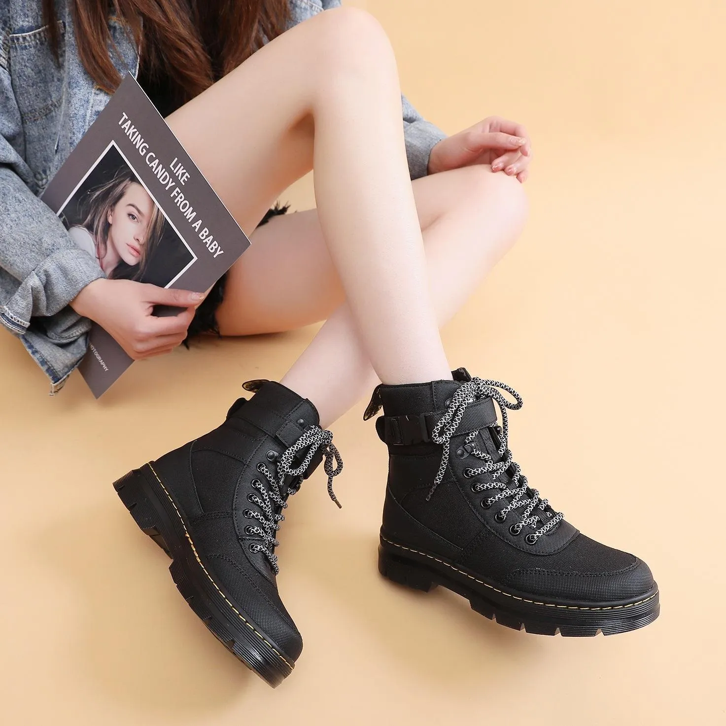 PEOPLETERRITORY Buckle locomotive boots women's Velcro canvas short boots lightweight fashion boots splicing men's and women's thick soles British style women