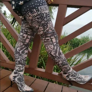 Rhinestone High Heel Transparent Toe Printed Thigh High Boots