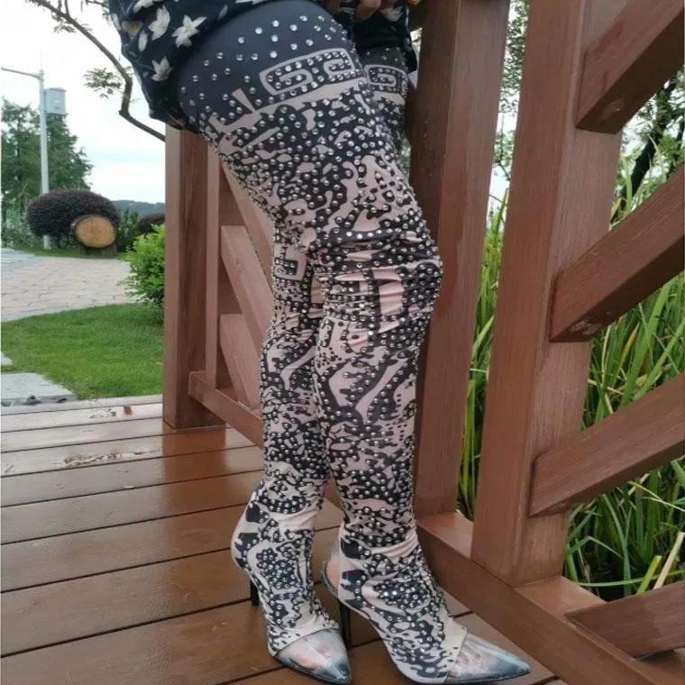 Rhinestone High Heel Transparent Toe Printed Thigh High Boots