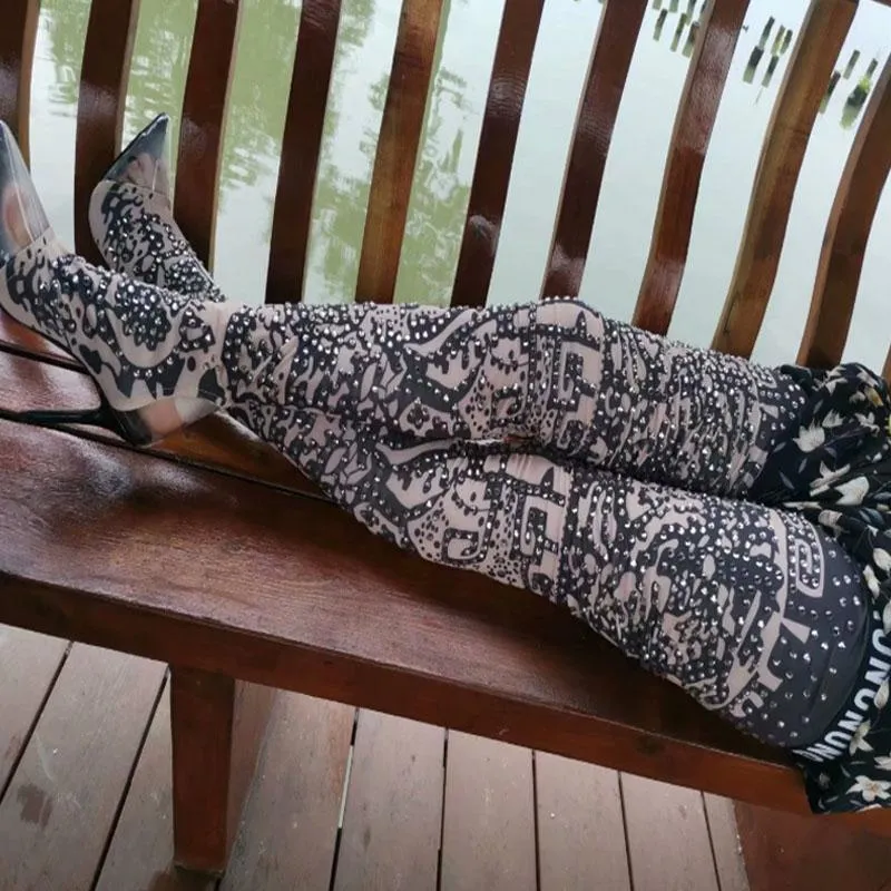 Rhinestone High Heel Transparent Toe Printed Thigh High Boots