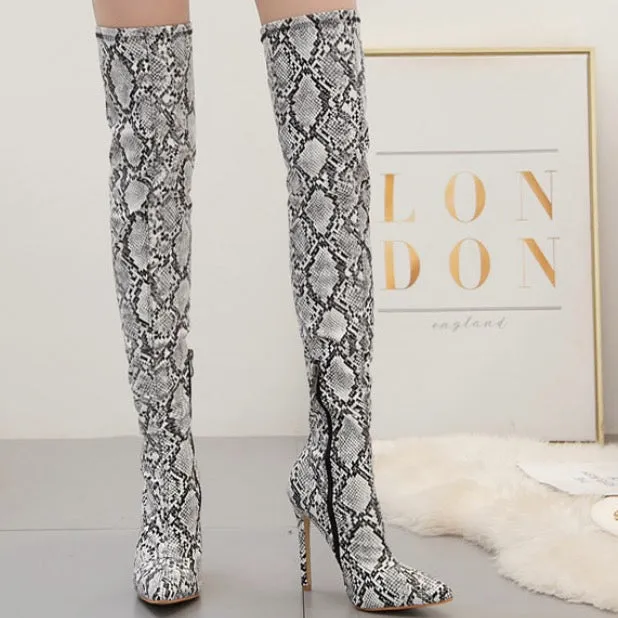 Snake Skin Pattern Pointed Toe Super High Heel Thin Heel Knee Boots