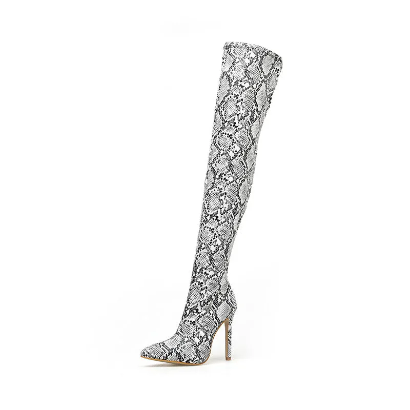 Snake Skin Pattern Pointed Toe Super High Heel Thin Heel Knee Boots