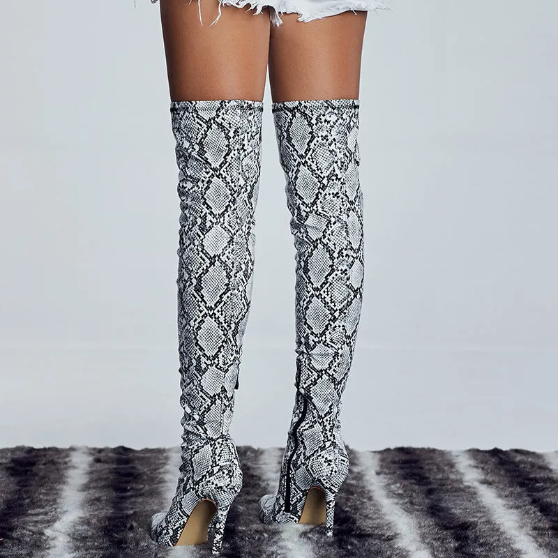 Snake Skin Pattern Pointed Toe Super High Heel Thin Heel Knee Boots