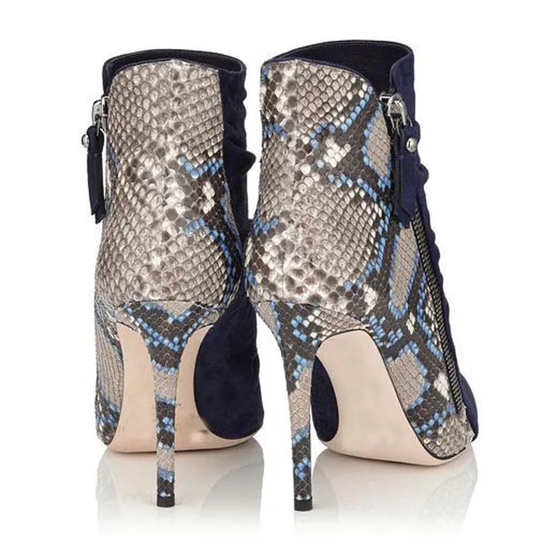 Snakeskin Zipper Pointed Toe High Heel Ankle Boots
