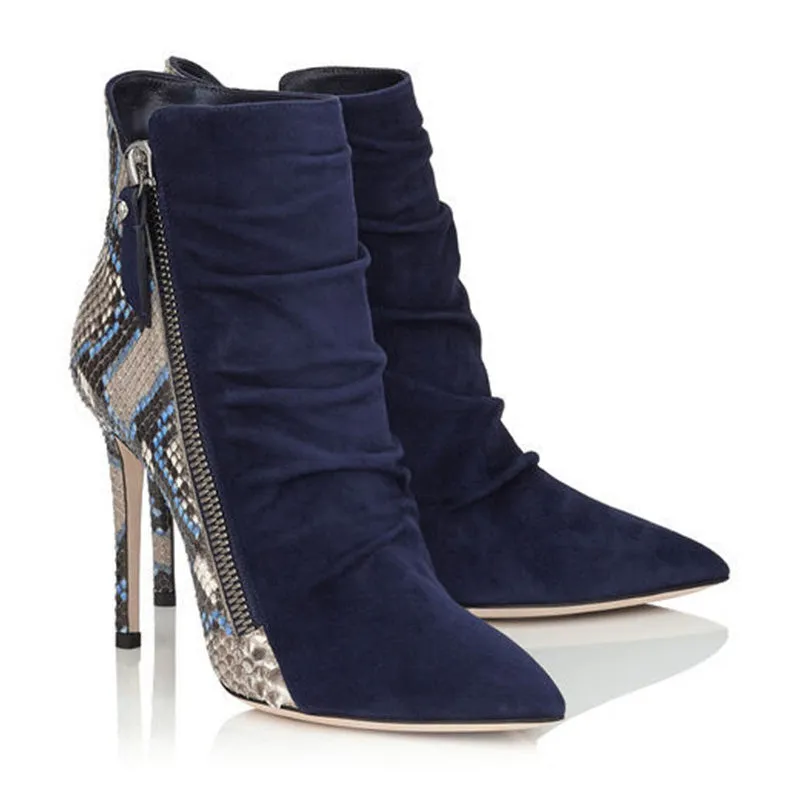Snakeskin Zipper Pointed Toe High Heel Ankle Boots