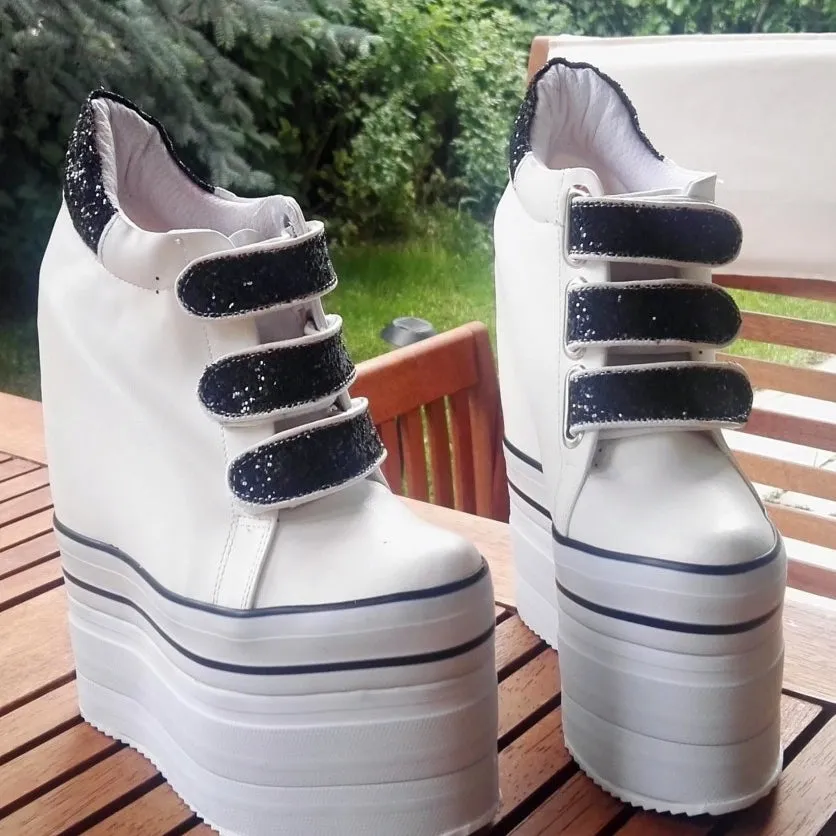 White Black Hook Pile Sport High Heel Wedge Platform Shoes