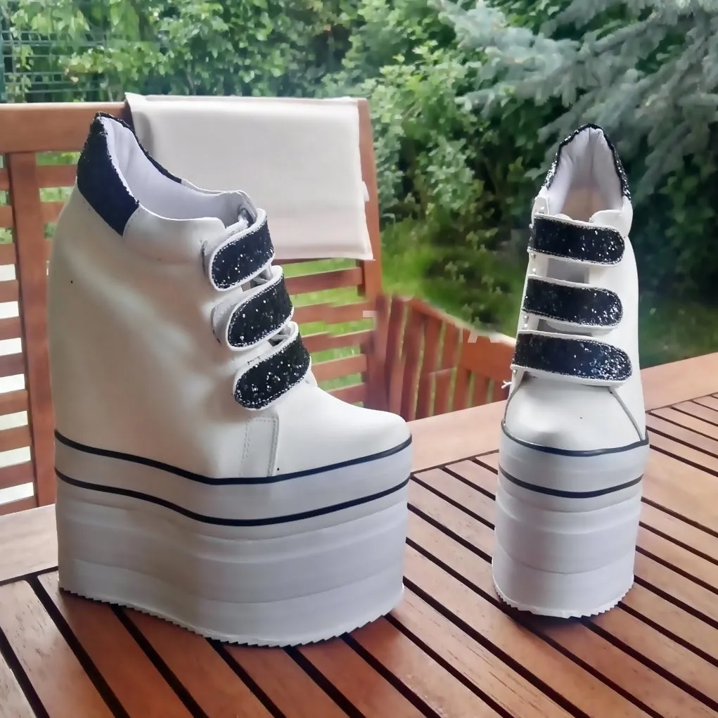 White Black Hook Pile Sport High Heel Wedge Platform Shoes