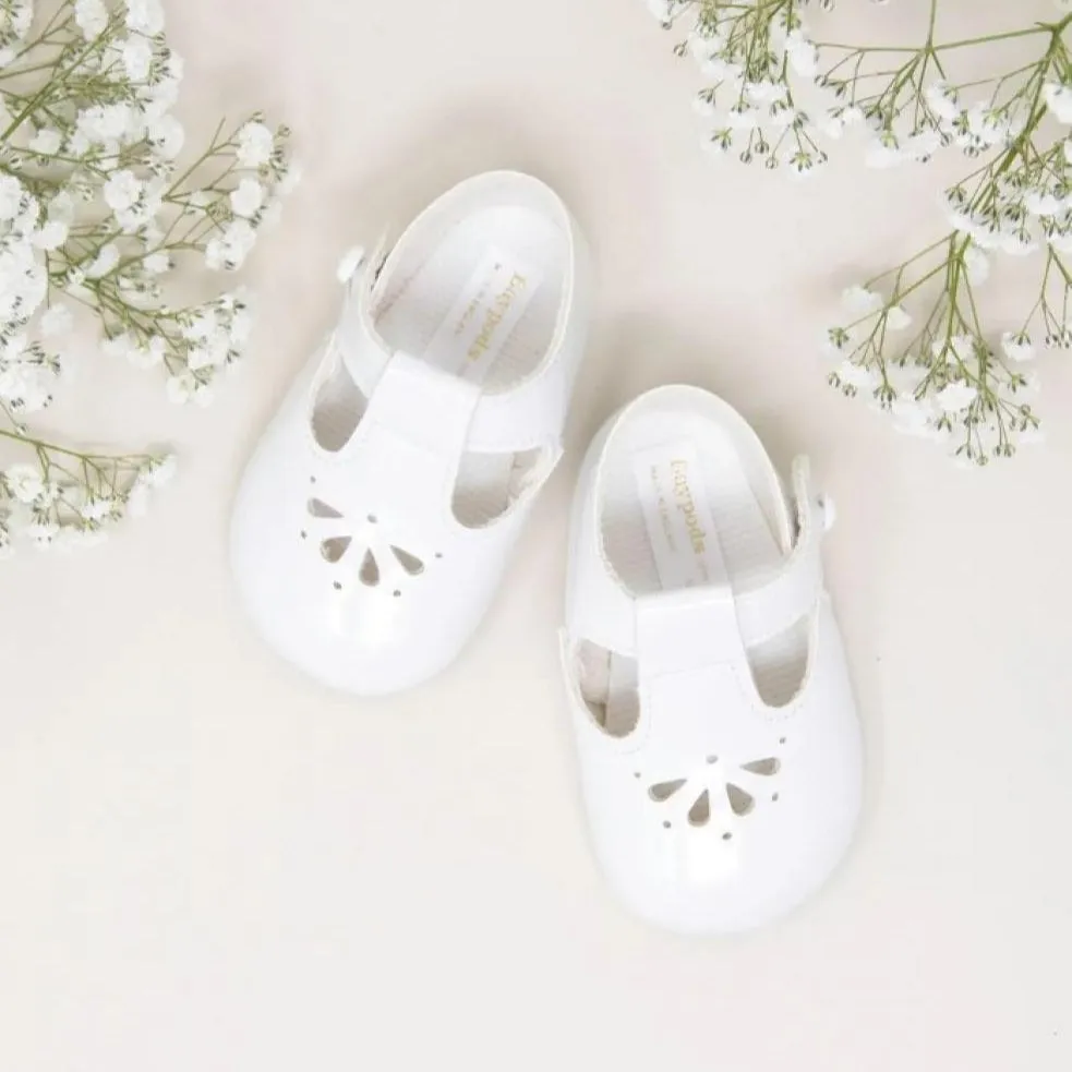 White Patent Flower Pre Walker T-Bar Baypods