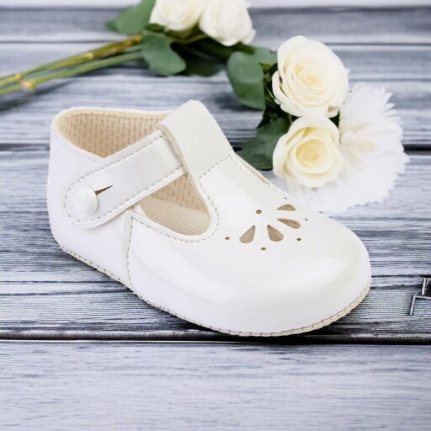White Patent Flower Pre Walker T-Bar Baypods