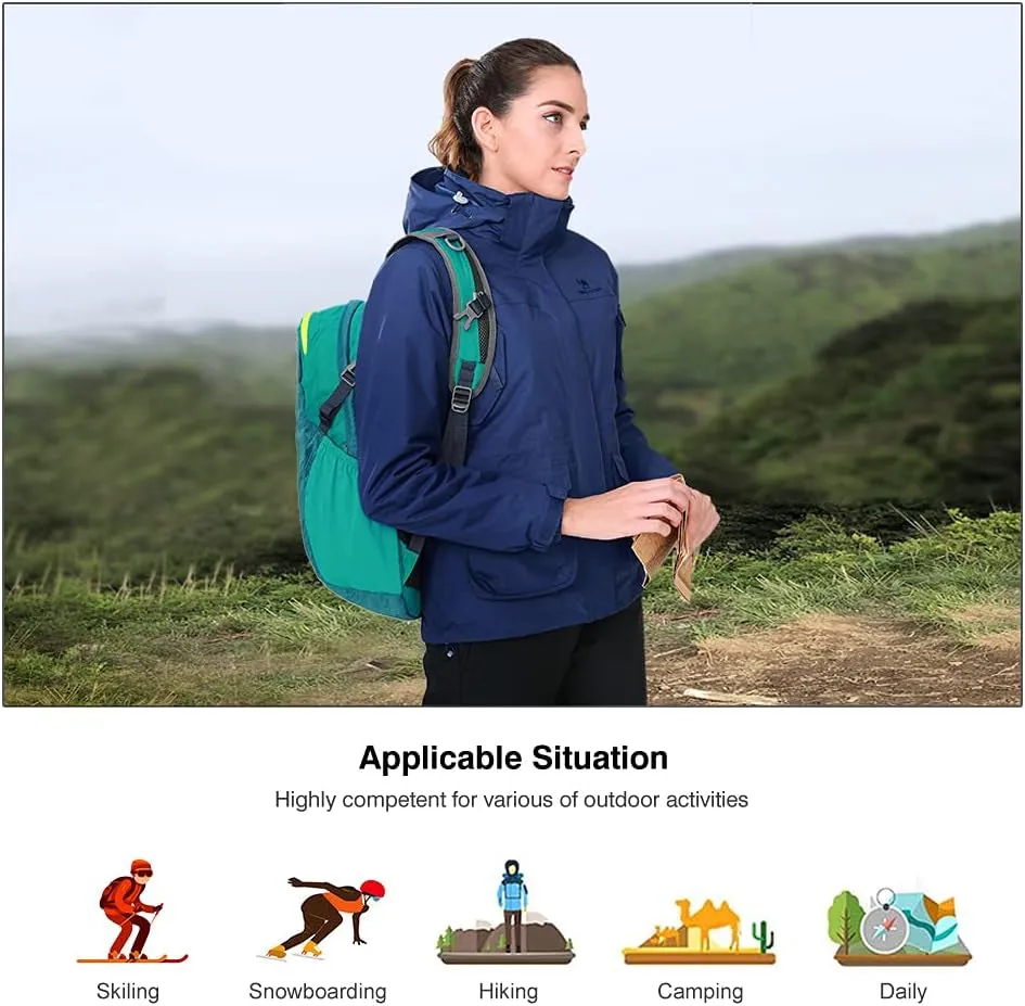 Womens Waterproof Ski Jacket 3-In-1 Windbreaker Winter Coat Fleece Inner for Rain Snow Outdoor Hiking