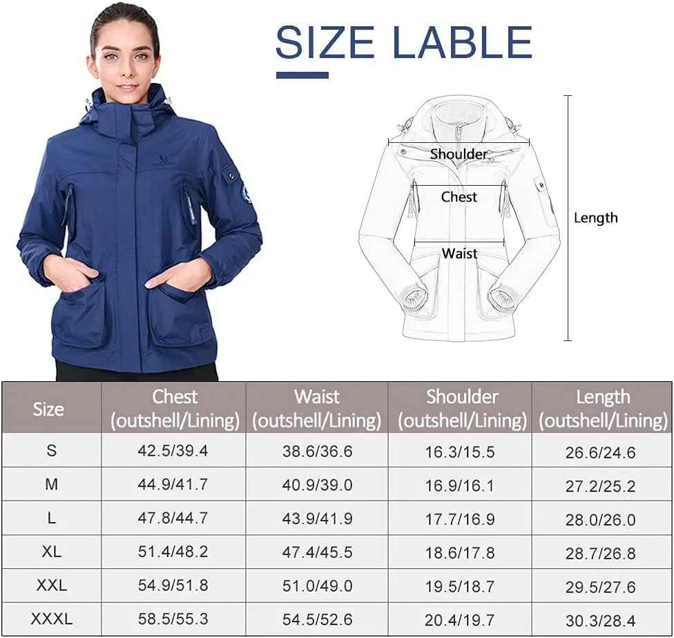 Womens Waterproof Ski Jacket 3-In-1 Windbreaker Winter Coat Fleece Inner for Rain Snow Outdoor Hiking